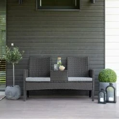 Veke Tupla Puutarhapenkki Pöydällä Tummanharmaa Polyrottinki, Harmaat Pehmusteet